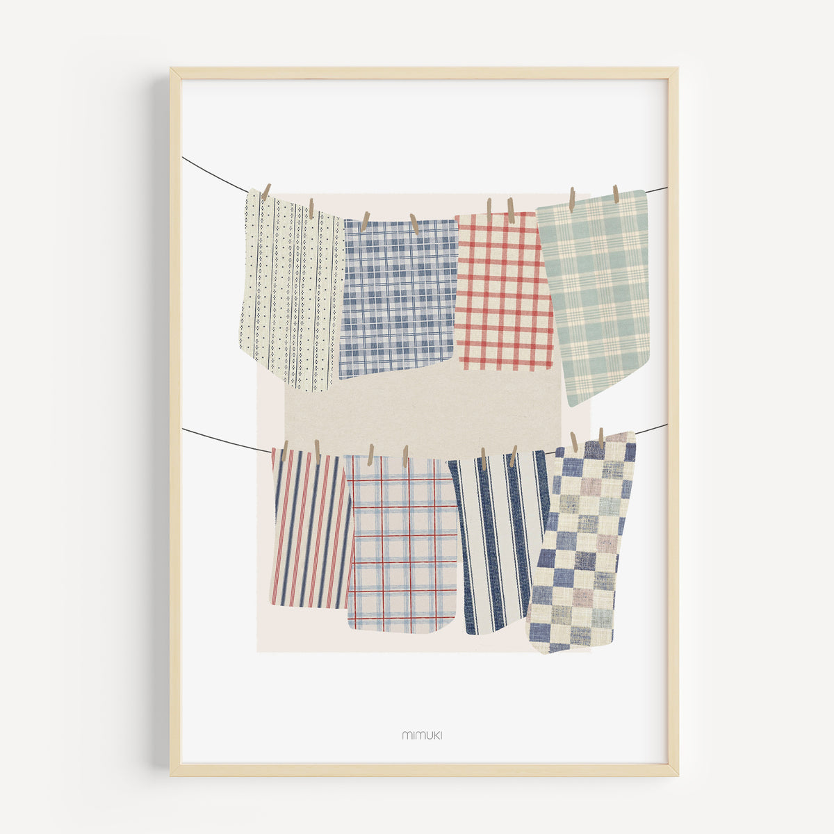 Dos cuerdas de tendedero con paños de rayas y cuadros en azul, rojo y verde agua, sujetos con pinzas de madera e ilustrados en collage.