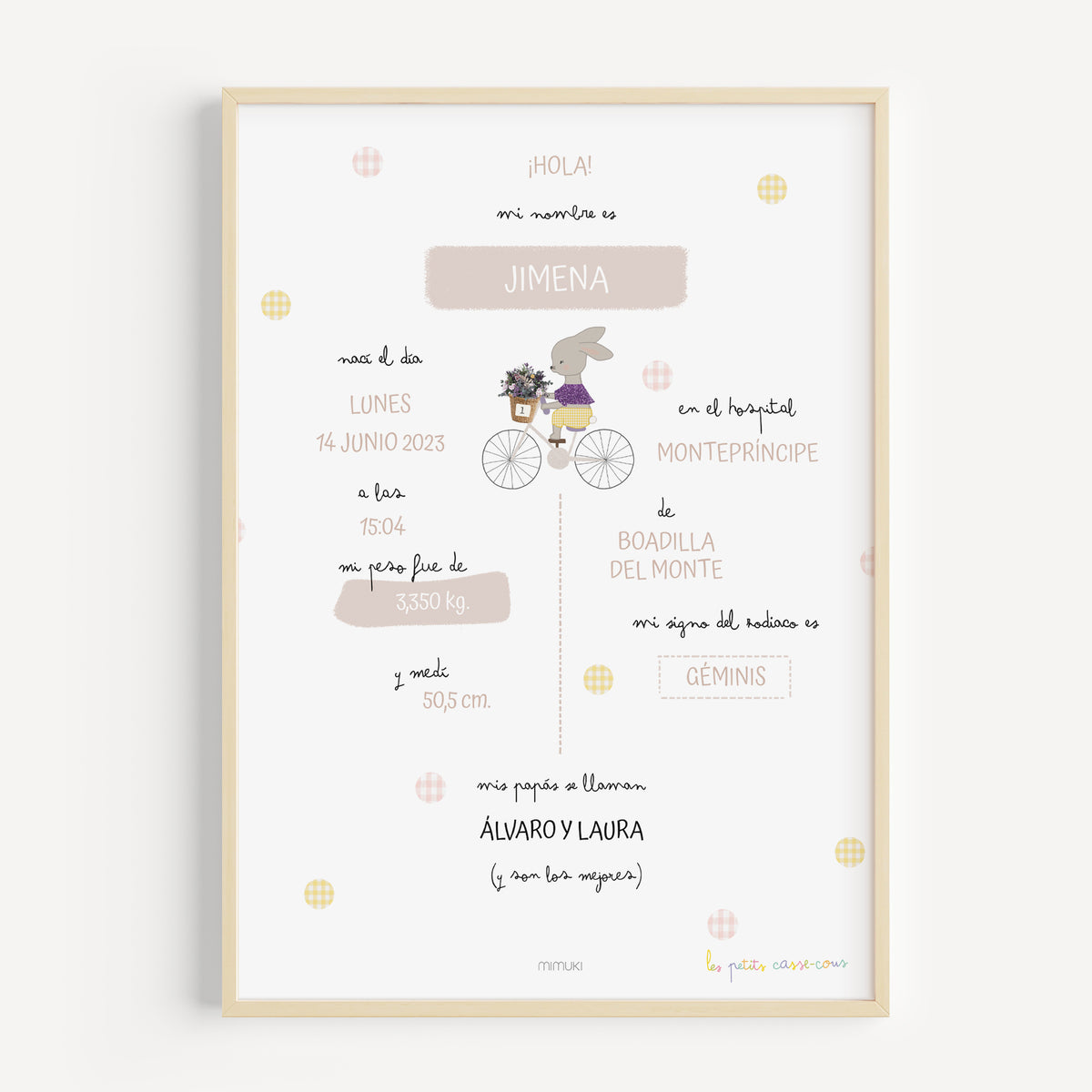 Lámina de nacimiento personalizada con los datos del bebé y la ilustración de Petite Géraldine. Un natalicio original de MIMUKI para decorar o regalar.