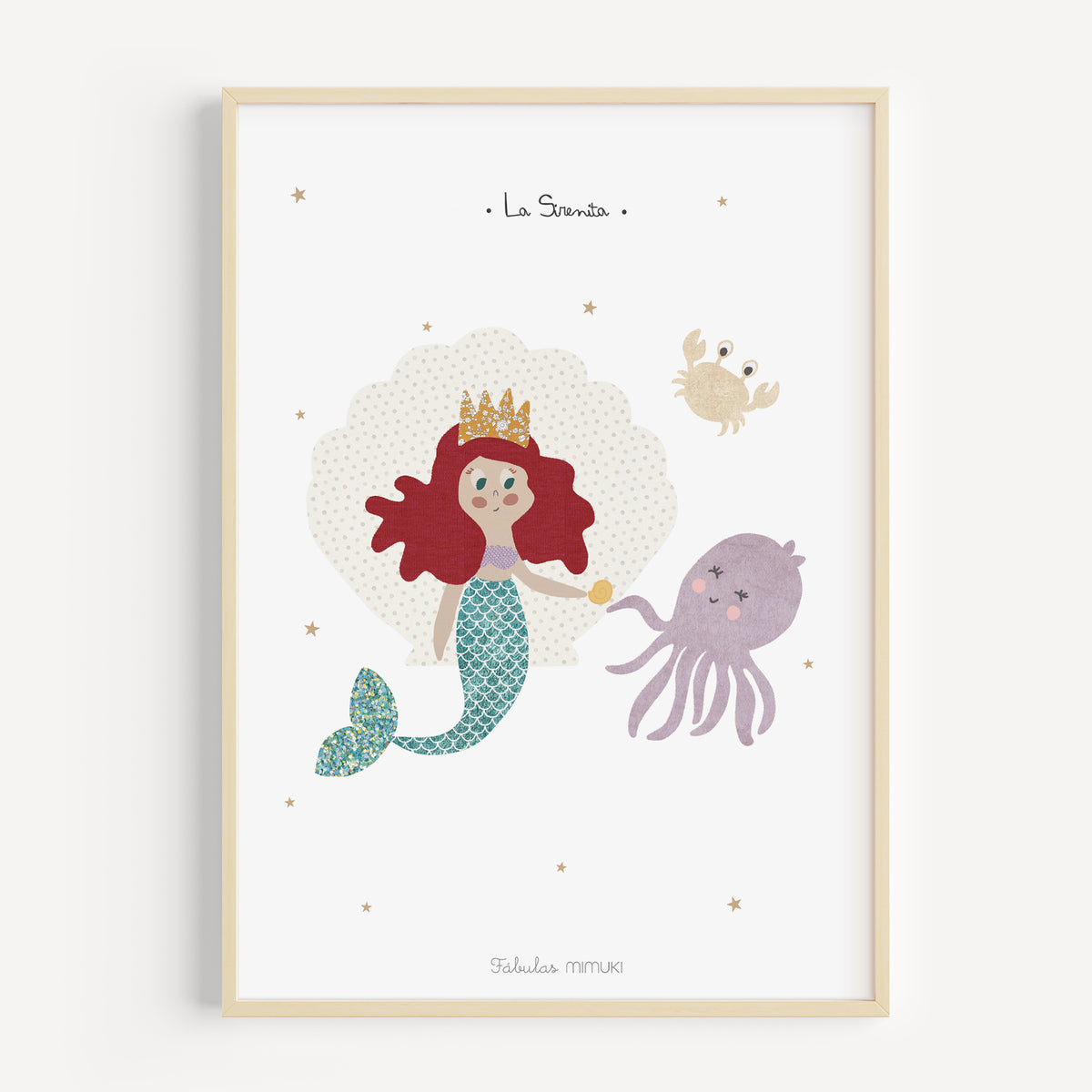 Lámina infantil de La Sirenita ilustrada en collage