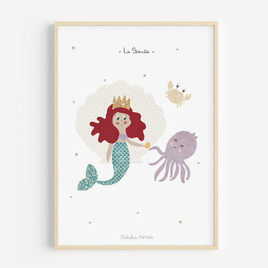 Lámina infantil de La Sirenita ilustrada en collage
