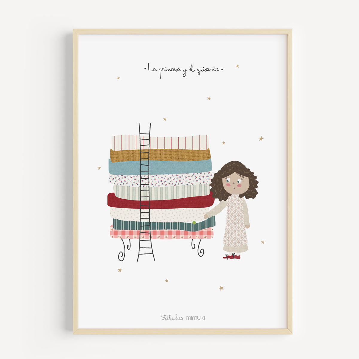 Lámina infantil de La Princesa y el Guisante ilustrada en collage