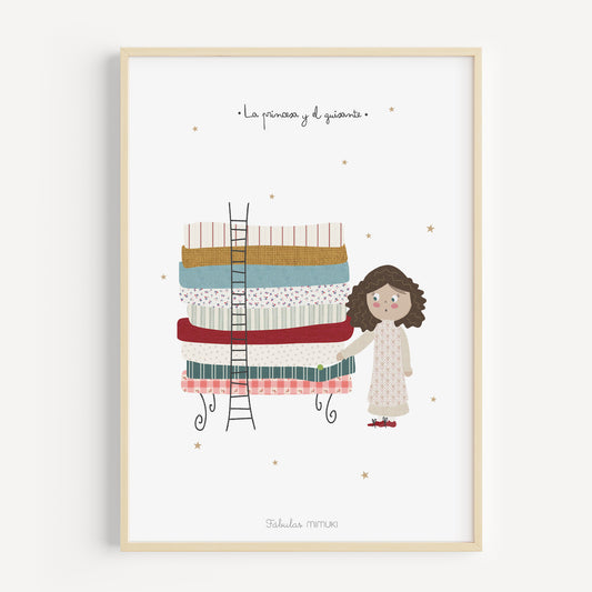 Lámina infantil de La Princesa y el Guisante ilustrada en collage