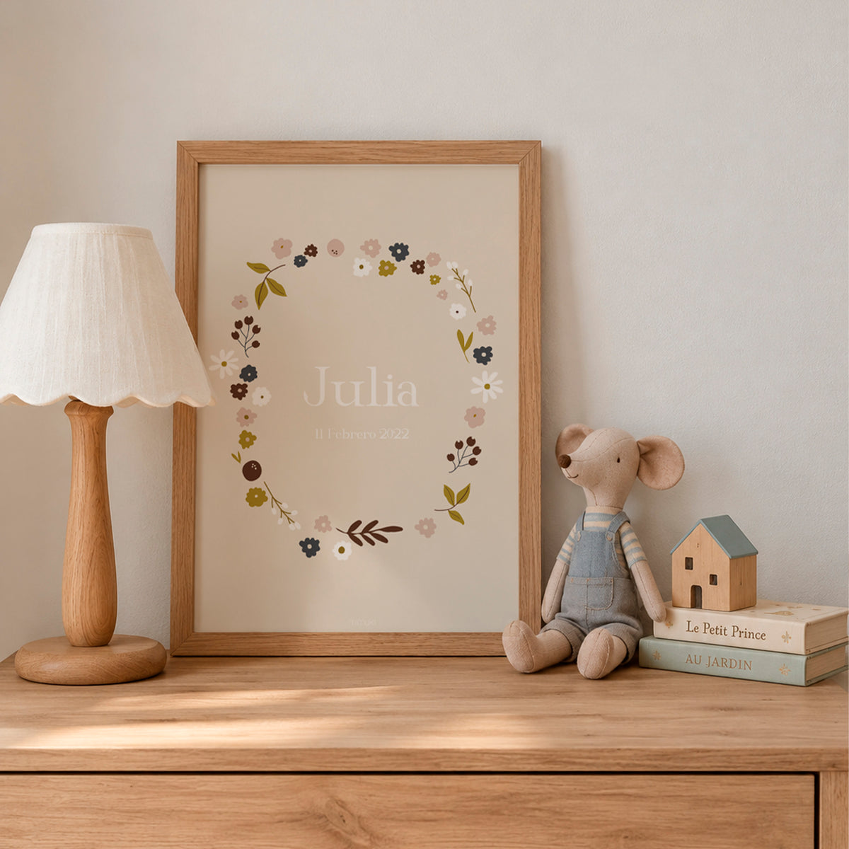 Lámina de nacimiento personalizada Jardín Silvestre con diseño floral