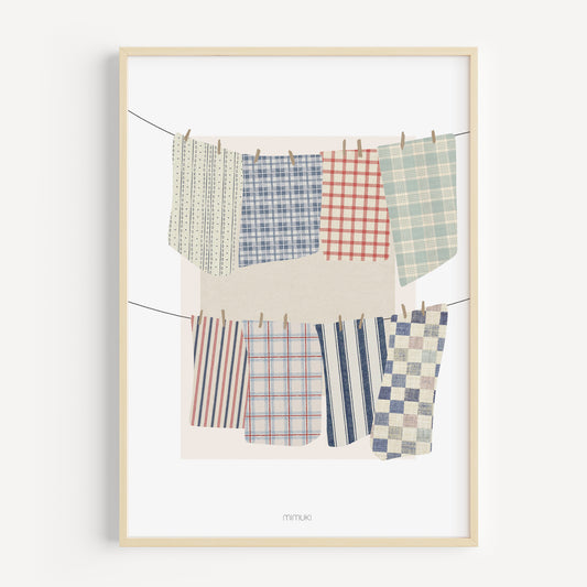 Dos cuerdas de tendedero con paños de rayas y cuadros en azul, rojo y verde agua, sujetos con pinzas de madera e ilustrados en collage.